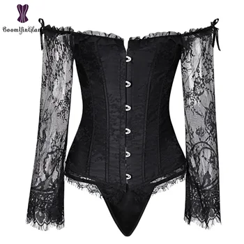 

Woman Lace up Corset Bustier Top mesh long sleeve Overbust Corset For Party Club S-6XL Red Black Corset with Lace Sleeve