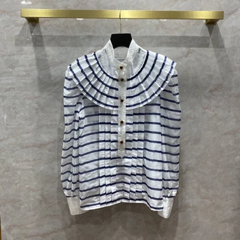 

High-end Design White Blue Striped Blouse Shirts Pullover for Women Lapels Fashion Luxury Brand Long Sleeves Cotton Silk Blouses