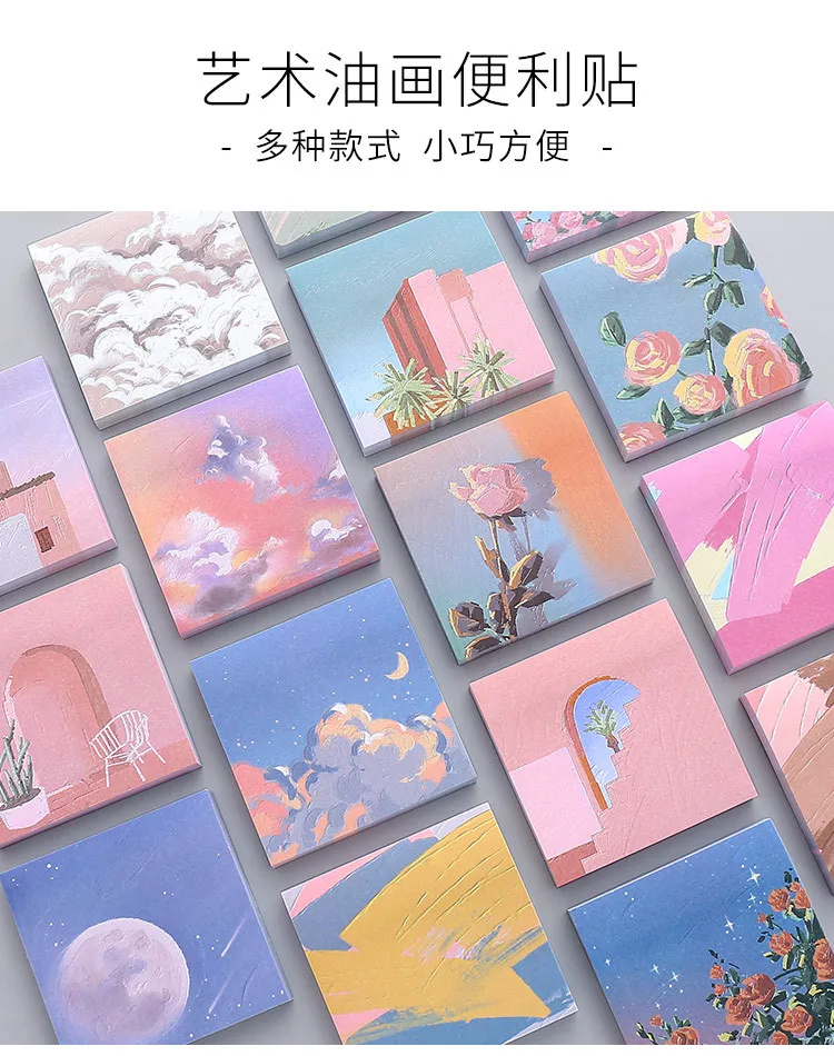 Girl Sticky Notes Oil Painting Color N Times Stickers Ins Beautiful Scenery Student Account Decoration Message Paper Memo Pads