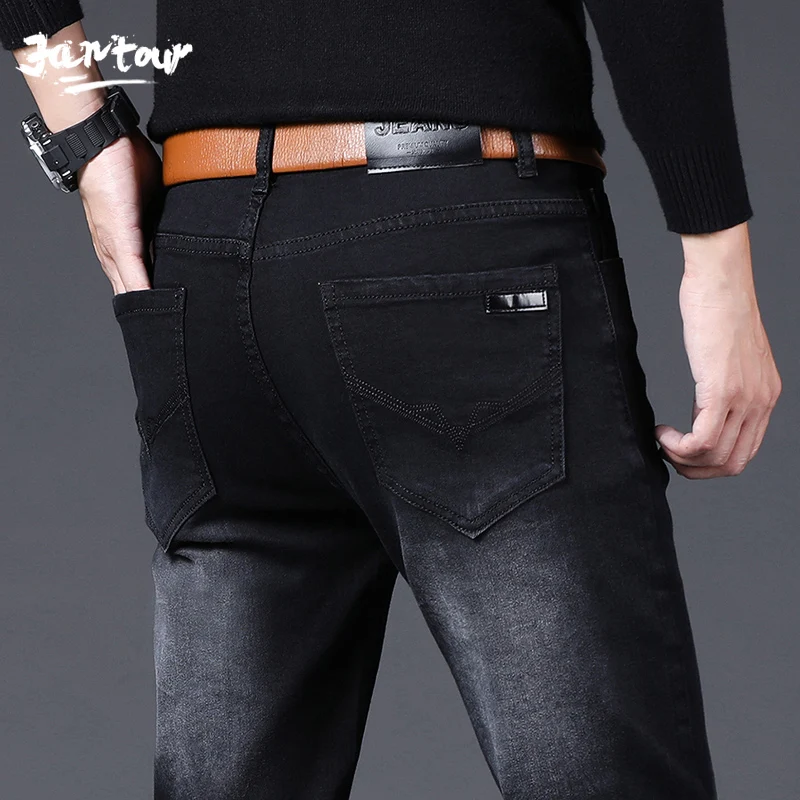 

Autumn Winter 2020 Men's Smart Jeans Business Fashion Straight Regular Black Stretch Denim Trousers Classic Men Plus Size 28-40