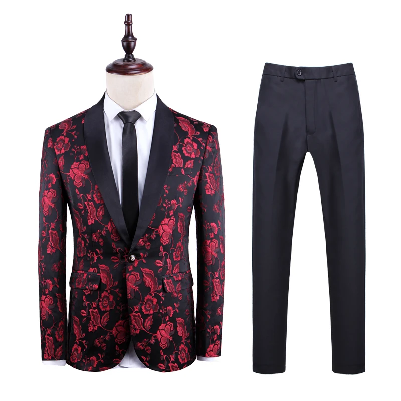 2020 High Quality Men Suit Red Black Blue Printed Groom Best Man Suit Wedding Male Mc Host Clothing Suit 2 Pieces Set Suits Aliexpress