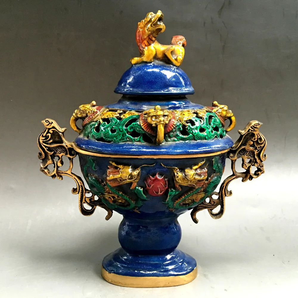 

China's ancient cloisonne double dragon statue bronze Colored glaze Incense burner