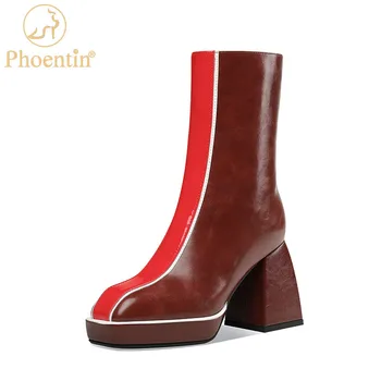

Phoentin Chunky heel boots women's winter mid calf Genuine Leather boots platform high heels runway shoes Brown black FT1296