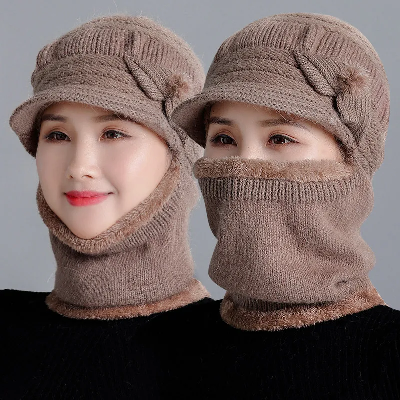 Новые зимние женские теплые бархатные шапки, маска для женщин, толстая ветрозащитная шапка, вязаный набор шапки и шарфа, женские лыжные шапочки для мам