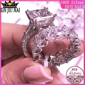 

100% S925 Sterling Silver Europe and America Hot Sale Flash Diamond Square One Carat Sweet Romantic Couple Ring Luxury Jewelry
