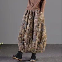 Autumn Winter Women Skirt Retro Elastic Waist Loose Bud Print Pocket Ladies Casual Linen Cotton Padded Skirts Thicker Warm Midi