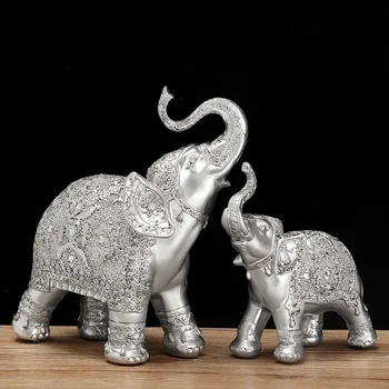 

NEW 2Pcs/set Silver Polyresin Ornate Elephant Statue Lucky Figurine Sculptures Ornaments for Home Office Decor Crafts Gift