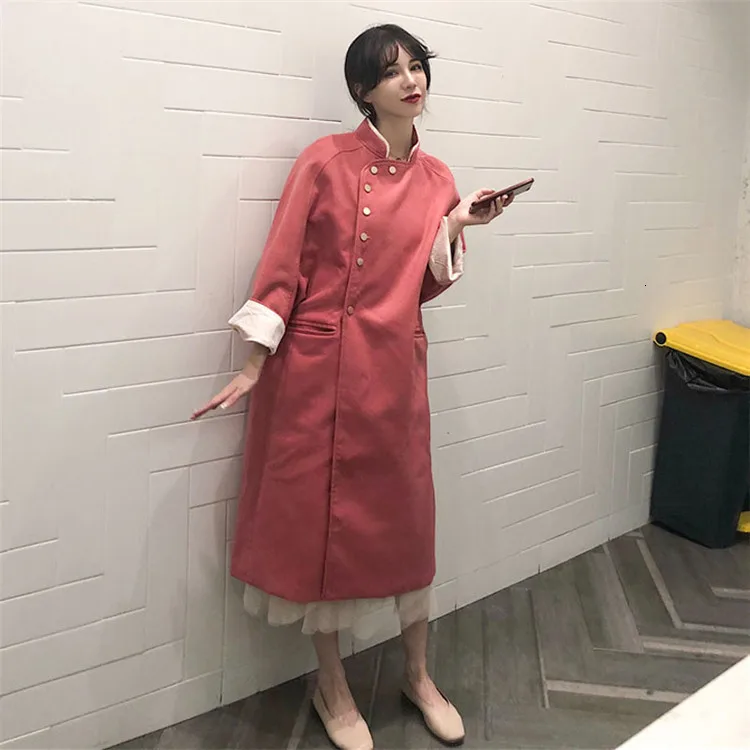 [EWQ] Autumn Winter New Korean Style Long-sleeved Stand Collar Pink Woolen Coat Sweet Plus Size Ladies Warm Overcoat QL488