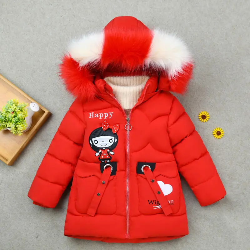 Детские зимние пальто; детская теплая куртка; Верхняя одежда с меховым воротником для девочек; детская зимняя одежда с рисунком