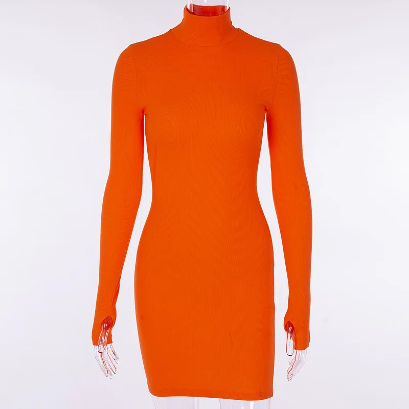 ZHYMIHRET осень зима яркое неоновое платье с длинным рукавом обтягивающее Мини сексуальное платье с высоким воротом вечерние платья в рубчик Vestidos femme - Цвет: Оранжевый