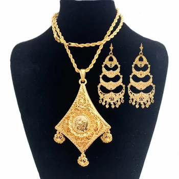 

New Geometric Pendant with Flower Tassels Algeria Wedding Necklace Long Chain Coin Pendant Earring Set Gold Necklace Sets