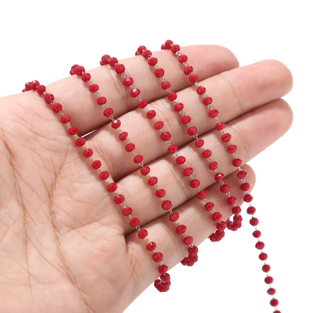 1 Meter Stainless Steel Grey White Rosary Beaded Chain Round Glass Beads Chains for Jewelry Making Sold by Meter - Цвет: Red