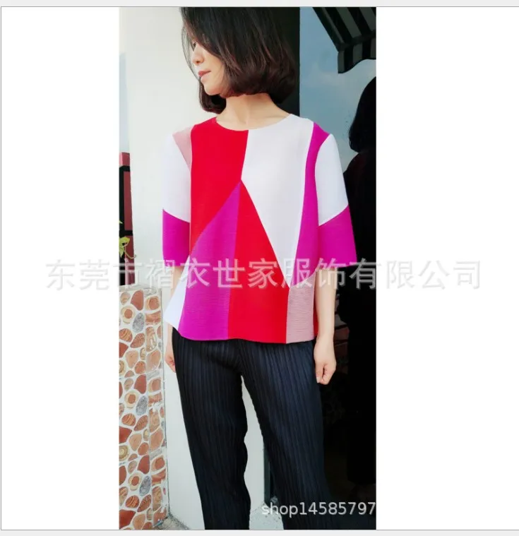 Горячая Miyake fold patchwork элегантная свободная плиссированная Женская футболка