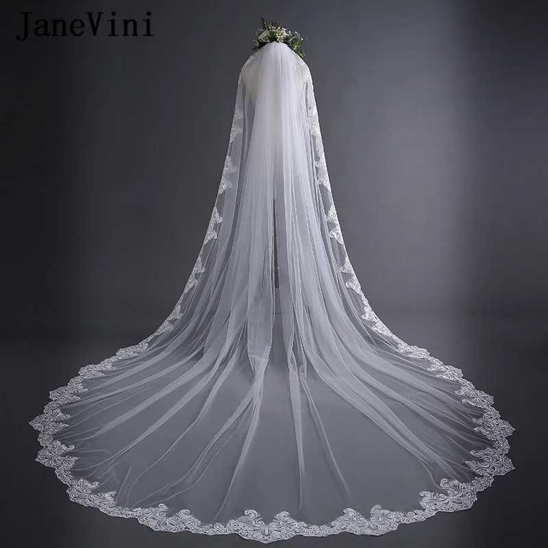 

JaneVini Vintage Veil 3 Meters Long White Wedding Veil with Comb One Layer Lace Appliques Edge Tulle Bridal Party Accessories