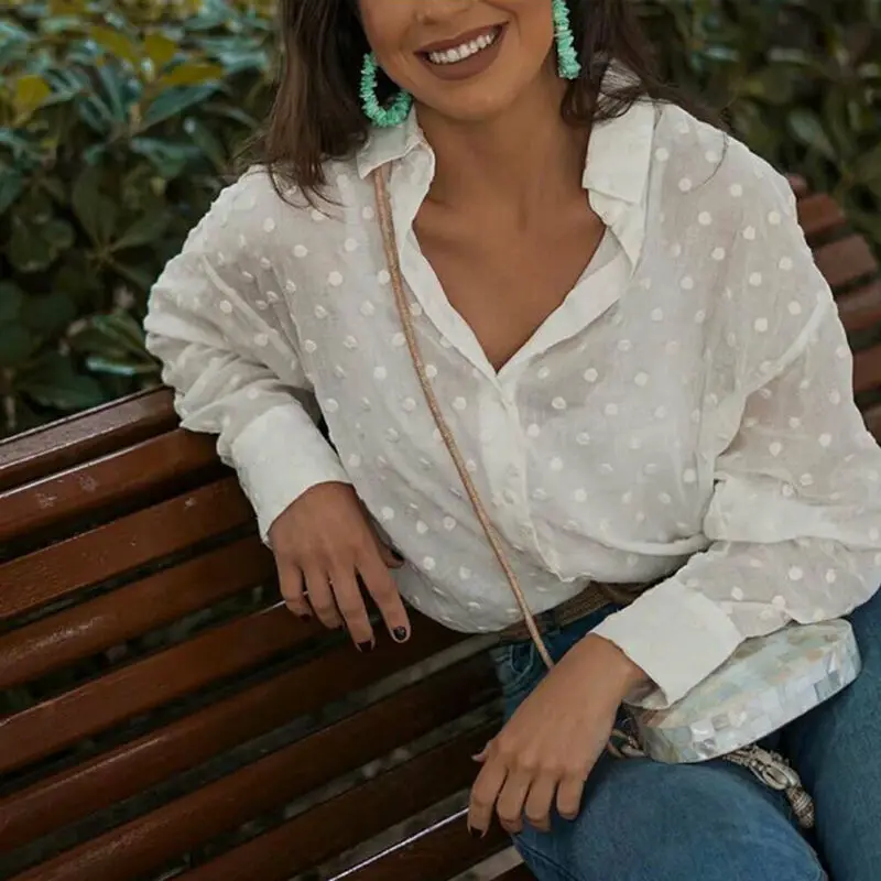 Women Sexy Polka Dot Blouses Ladies V-neck Long Sleeve Shirt Casual Tops Loose Blouse Plus Size Summer Fashion New S-2XL Women Sexy Polka Dot Blouses Ladies V-neck Long Sleeve Shirt Casual Tops Loose Blouse Plus Size Summer Fashion New S-2XL