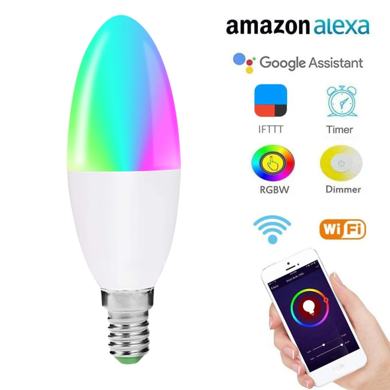 Топ-лампочка E12 с регулируемой яркостью смарт WiFi Свеча лампа RGB светильник с поддержкой Alexa для Google Home