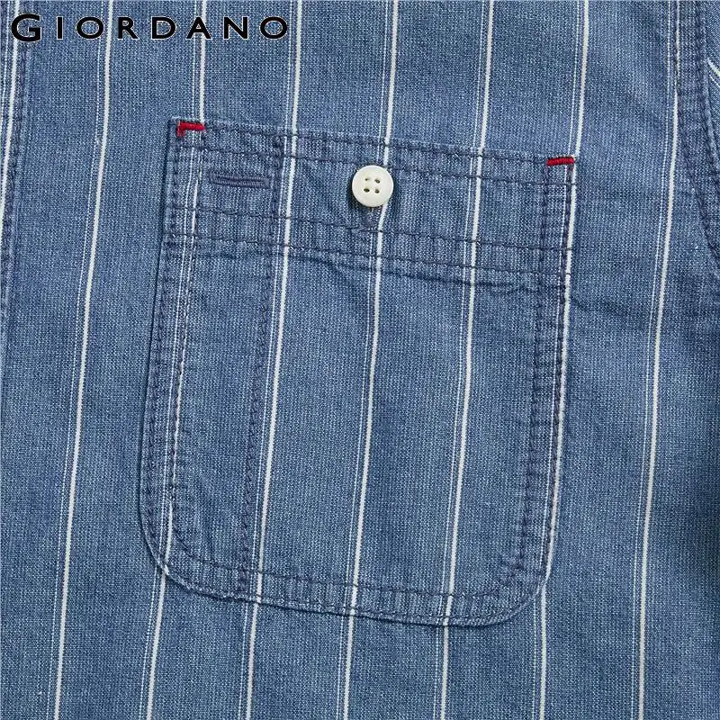 Giordano Мужская рубашка полосатые джинсовые рубашки для мужчин с длинным рукавом и карманом Camisa Masculina на пуговицах спереди Chemise Homme 01049889