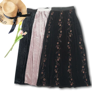 

Women Long Skirt Female Autumn Embroidered Velvet Skirts LS004