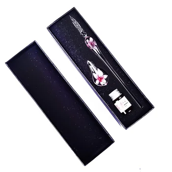 

Creative Flower Dip Pen Crystal Glass Pen With Water And Ink Pen Student Starry Gradient Color Hand-painted Pen Ink Set Gift