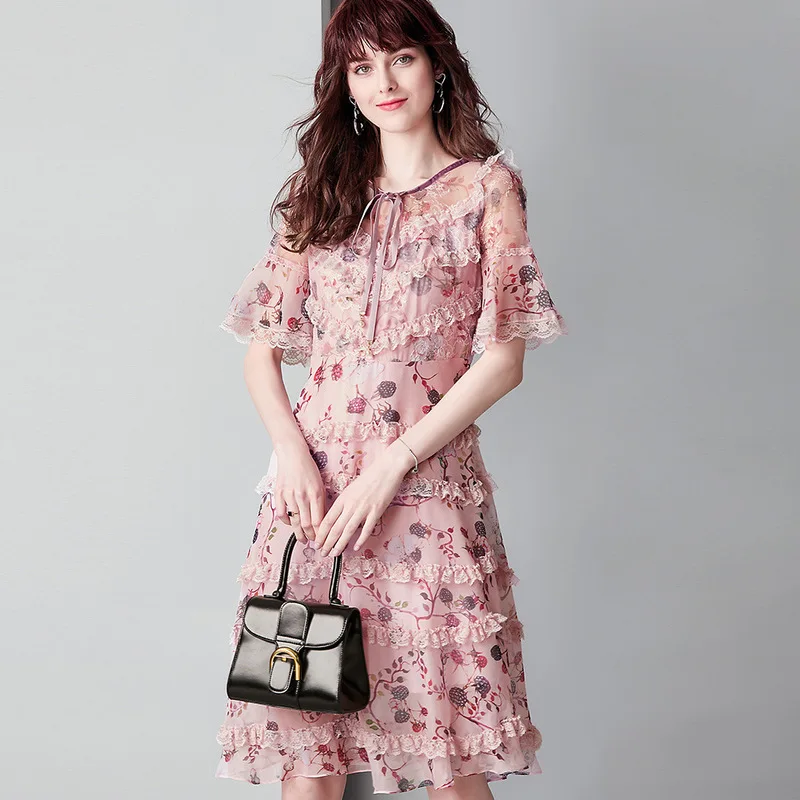 Розовые кружевные шифоновые платья с цветочным рисунком для женщин, натуральные летние брендовые Длинные повседневные сексуальные Офисные пляжные платья размера плюс, Прямая поставка