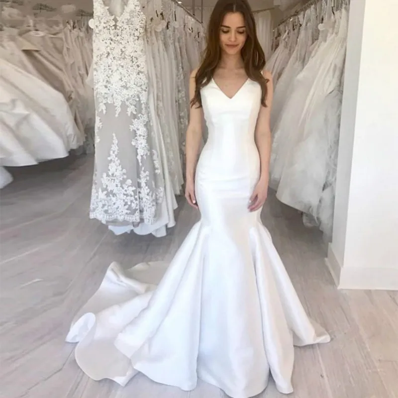 Robe De Mariage White Satin Mermaid Simple Wedding Dresses 2020 V Neck Lace Up Back Boho Bride Dress Cheap Wedding Gowns Wedding Dresses Aliexpress