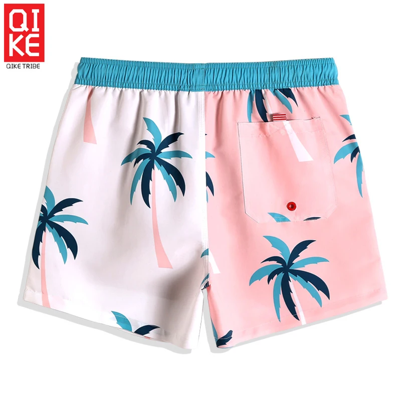 QIKE Men's Swimming trunks Summer Coconut Printed swimsuit Quick fry surfing joggers swimwear Solid Board shorts mesh
