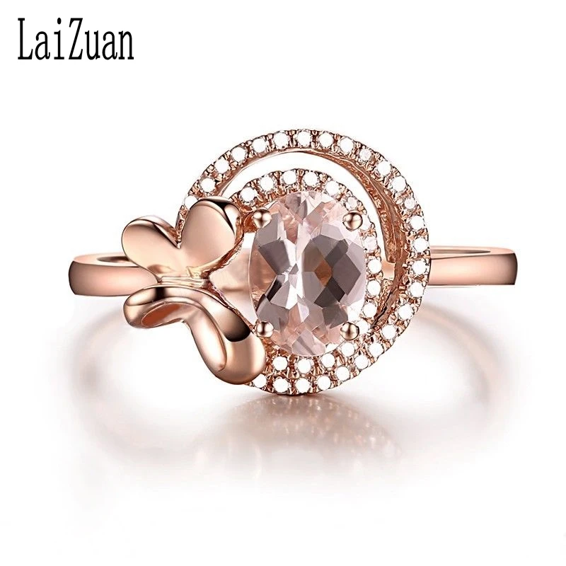 

LaiZuan Solid 14K Rose Gold AU585 Certified Oval 7x5mm Natural Morganite & Diamonds Engagement Wedding Women Jewelry Gift Ring