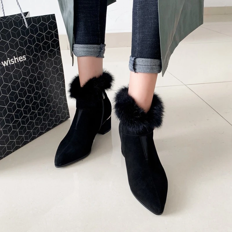 2020 winter fashion women's shoes pointed toe thick heel kid suede short plush women's ankle boots without zipper women boots