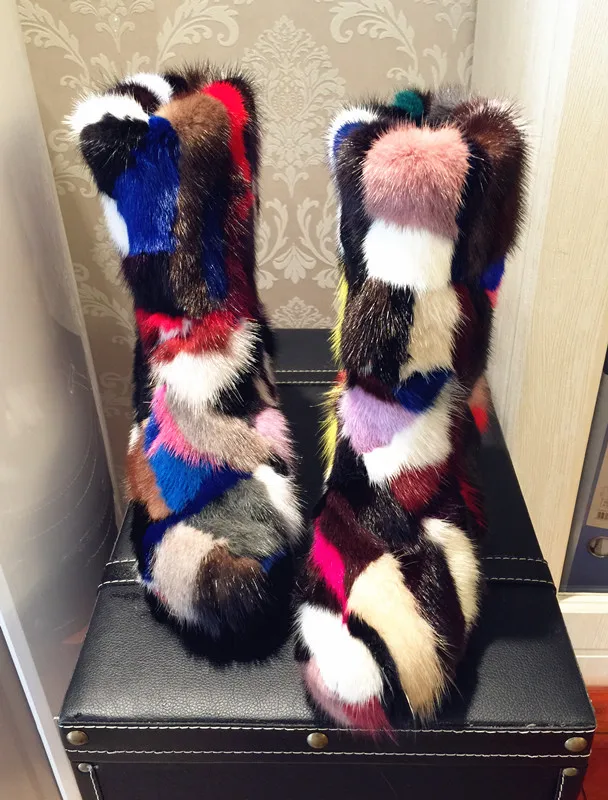 

2019 Winter New Arrival Furry Booties Handmade Botines Mujer Matching Real Mink with Spliced Fur Mid-calf Botas
