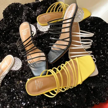 

Sandals Female Outer Wear 2020ins Versatile Sheepskin Thin Drawstring Crystal Ball Semi-high Heeled Square Head Open Toe tou min