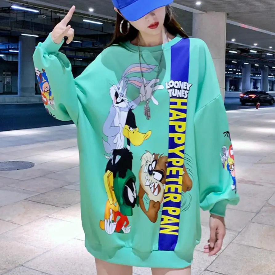 

High Quality Fashion 2019 Autumn Winter Cartoon Printed Loose Clothes Streetwear Pullovers Drop-shoulder Sweatshirt Tops Women