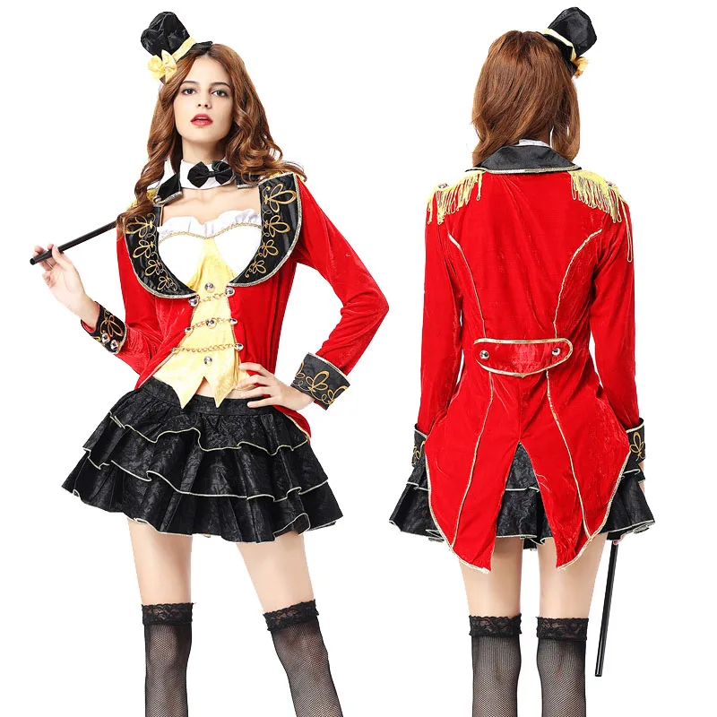 Сексуальный цирковой лидер рингмастер маг костюм женщин смешной Косплей маскарадный клоун наряд куртка кроя «Ласточкин хвост» для женщин Хэллоуин