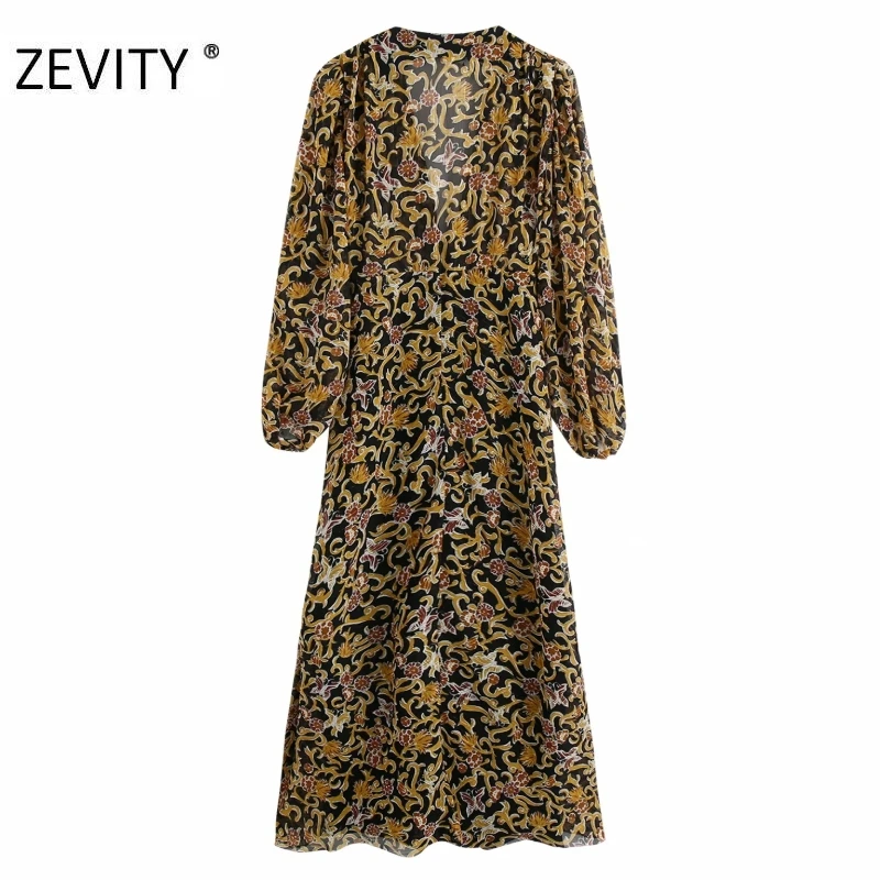 ZEVITY women vintage totem flower print front pleat chiffon midi dress female lantern sleeve casual vestidos chic dresses DS4440