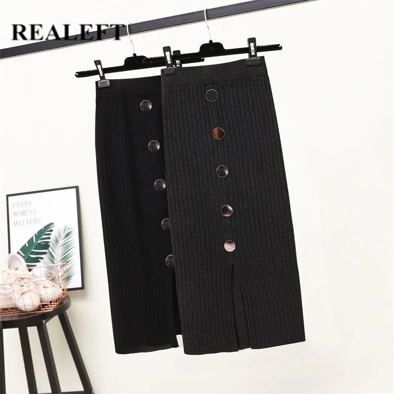

REALEFT Autumn Winter Knitted Women Long Wrap Skirts 2019 Black High Waist Button Patchwork Sheath Pencil Skirts Female