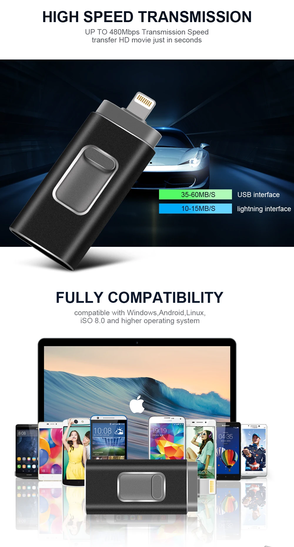 16GB/32GB/64GB/128GB/256GB/512GB OTG USB Flash Drive 3 In 1Cle USB 3.0 Pendrive Key For iPhone 5/6/7/8/X/11 iPod iPad Android PC