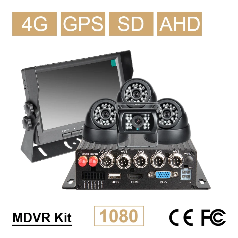 

4G GPS Dual SD 4CH Автомобильный видеорегистратор Мобильный видеорегистратор в режиме реального времени + 4 шт. 2.0MP AHD Автомобильная камера + 7-дюймовый VGA Автомобильный Монитор комплекты для транспортного средства