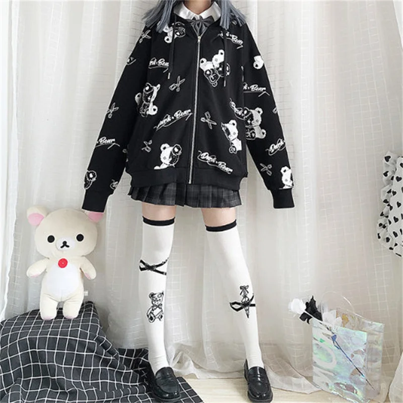 Anime JK Uniform Cosplay Lolita Clothing Monokuma Harajuku Women Coats Kawaii Spring Black Top Japanese Style Hoodies