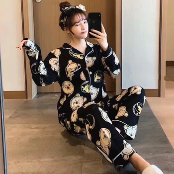 

Cartoon Bear Print Fashion Pajamas For Women Long Sleeve 2 Pcs Premium Lapel Pajama Sets For Woman Casual Comfort Sleepwear