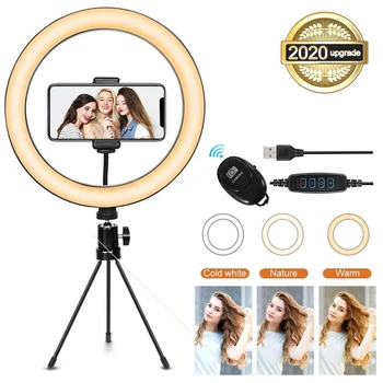 

LED Ring Light 10" with Tripod Stand Phone Holder Dimmable Desk Makeup Ring Light USB LED Lamp for Live Streaming Makeup Video
