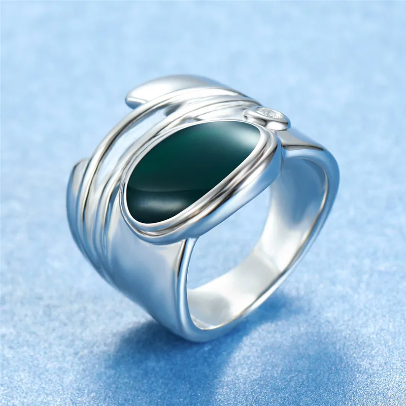 Винтаж Большой зеленый синий камень палец кольцо роскошный женский мужской серебряный цвет обручальное кольцо модное обещание на помолвку кольца для женщин - Цвет основного камня: GN