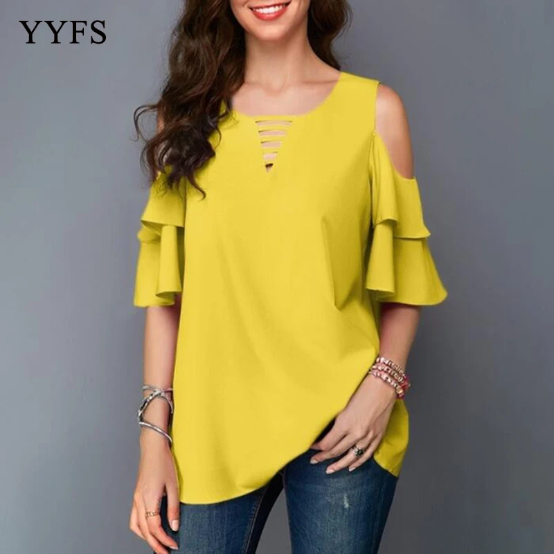

Womens tops and blouses Women Summer Solid Color Cold Shoulder Blouse shirts plus size Chiffon ladies top camisas mujer blusas