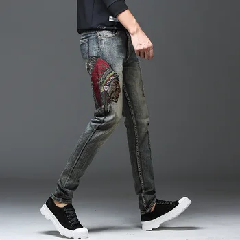

SHABIQI 2020 New Indian head Jeans men black White lines stretch printed elasticity hole Jeans straight men pants size 28-42