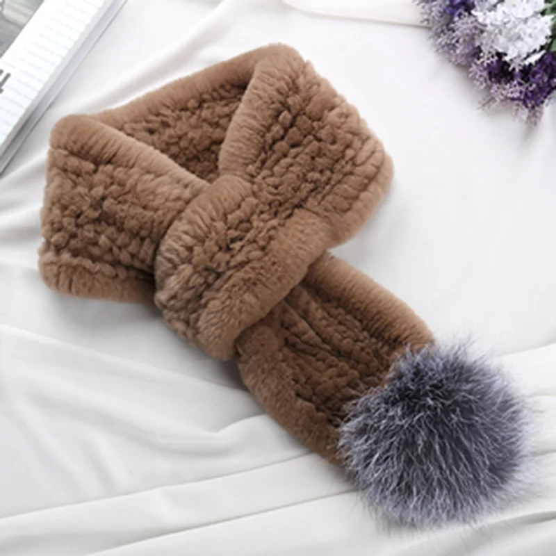 

Rex Rabbit Fur Scarf with Sliver fox fur ball Knit Real Fur Scarves Soft Short Fur Scarf Fur Pompoms Women Rex Rabbit Fur Scarf