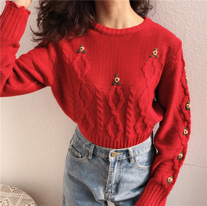 Women Floral Embroidery Knitted Sweater Red O Neck French Vintage Knitwear Knitted Pullover