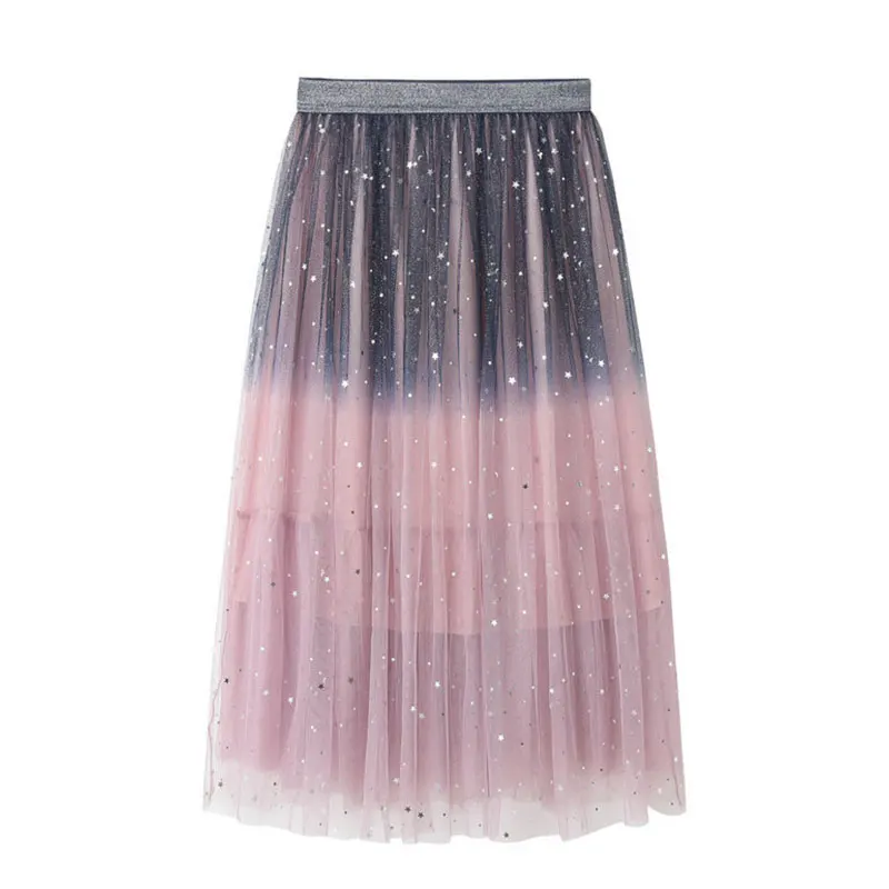 Pink Blue Весеннее многослойное Сетчатое лоскутное бальное платье средней длины, юбки для женщин, Милая Фея, блестящие звезды, высокая талия, фатиновые юбки - Цвет: Pink Blue