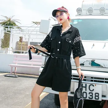 

2020 Summer Heavy industry Beading Short Wide-leg Tooling Jumpsuit With belt Womens High waist Loose Casual Jumpsuits Streetwear