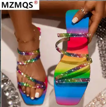 

2020 Summer Women Sandals Diamonds Sandals Crystal Shiny Slip-On Cut Out Ladies Flat Sandals Outdoor Holiday Slides Plus Size
