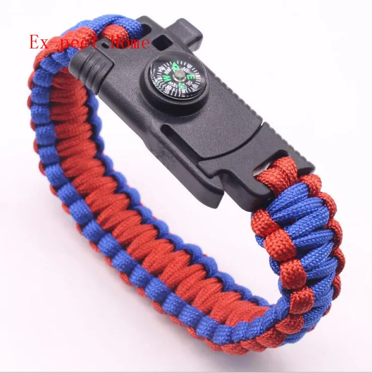 Wholesale 200pcs/lot outdoor survival compass paracord Whistle Gear Buckle Camping rescue rope escape Bracel