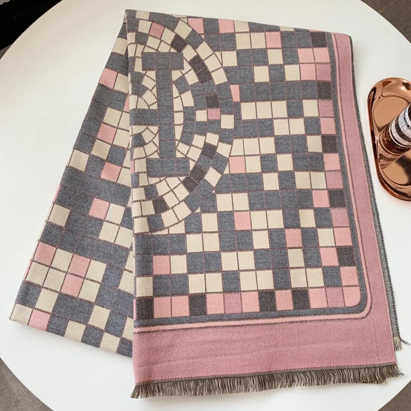 Pink Fashion Plaid Solid Winter Scarf for Women Pashmina Shawls Wraps Lady Warm Tassel Blanket Scarves Cashmere Bufanda - Color: Pink
