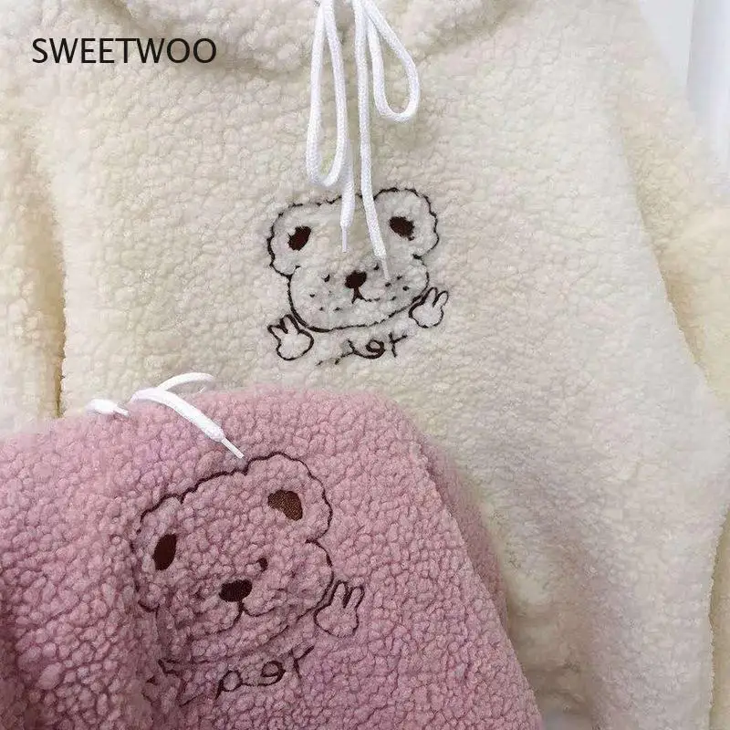 Kawaii Hoodies Women Winter 2021 Fashion Embroidery Funny Print Pullover Long Sleeve Cute Tops Casual Women Sweatshirt